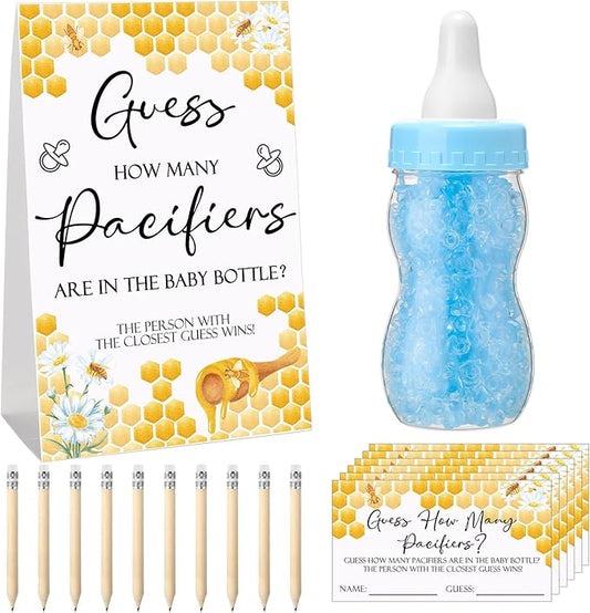 Roowest 512 Pcs Baby Shower Games Guess How Many Pacifiers Sign 100 Small Guessing Games 10 HB Pencils 750ml Milk Bottle 400 Acrylic Pacifiers Decoration for Guest Gender Reveal(Blue,Bee)