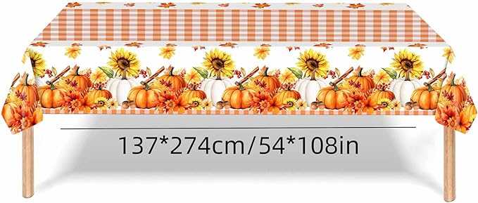 Fall Tablecloth, 2 Pack Thanksgiving Tablecloths Pumpkin Maple Leaves Plastic Table Cloth Disposable Rectangle Plaid Autumn Table Cover for Thanksgiving Day Party Decorations Tables Decor, 54x108 Inch