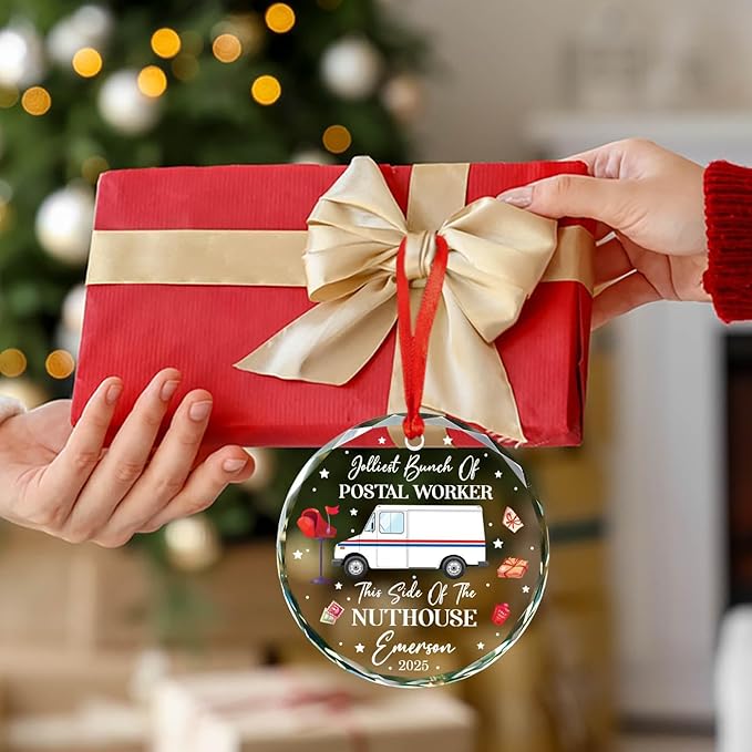 Jolliest Bunch of Postal Worker Christmas Ornaments, Gifts for Mail Carrier Service, Personalized Mail Truck Glass Ornament for Xmas Tree Decor, Postman Mailman Christmas Ornament Custom Name