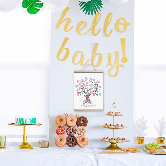 Pumpkin Baby Shower Gender Reveal Fingerprint Tree Canvas Guest Books, Gender Reveal Party Decorations Gifts Ideas, Thumbprint Hanging Paintings