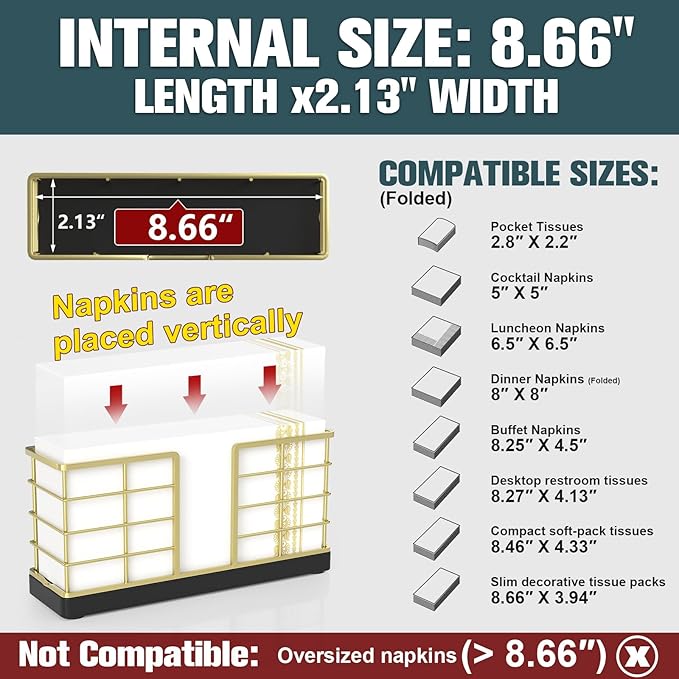 Wican Vertical Stance Bathroom Napkin Holder Takes Up Less Space for Small Guest Bathroom Oak and Iron Towel Tray for Powder Room Wooden Basket for Disposable Paper Hand Towels Golden and Black