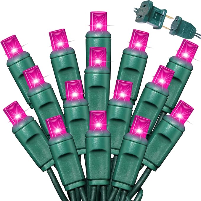 LAMPHOME 200LED (4pk of 50L) String Lights, LED Christmas Lights, 6" SPACING,Green Wire,Pink