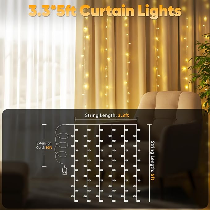 suddus Curtain Lights for Bedroom, 90 Led Hanging String Light Outdoor, Fairy Curtain Lights Indoor for Christmas, Dorm, Wall, Backdrop, Window, Wedding, Party, Birthday Decor, Warm White