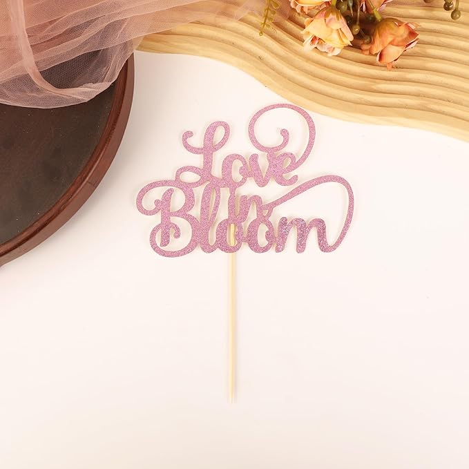 Love in Bloom Cake Topper - Glitter Purple Bridal Shower Cake Decoration, Wedding & Engagement Cake Pick (Purple)