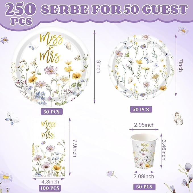250 Pcs Miss to Mrs Wildflower Party Decorations Floral Wedding Paper Plates Napkins and Cups Disposable Tableware Set for Wedding Bridal Shower Engagement Party Supplies, Serves 50
