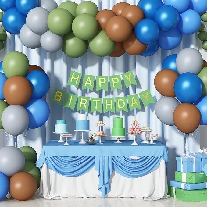 Blue Green Balloons 60 Pcs 12 Inch Sage Green Blue Brown Balloons Neutral Boho Avocado Green Pearl Dark Navy Blue Khaki Brown Grey Balloon for Boys Bear Jungle Baby Shower Birthday Party Decorations