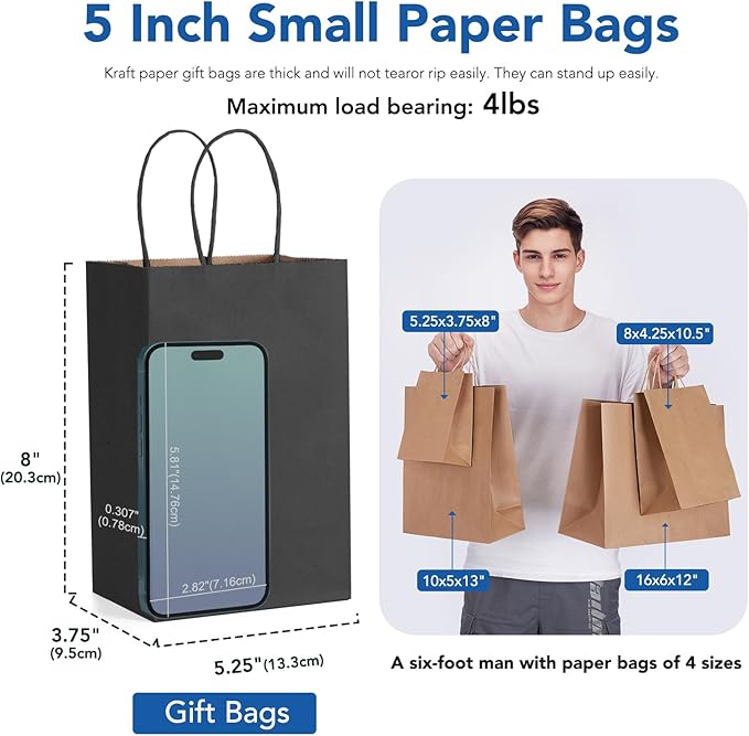 GSSUSA Black Gift Bags 5.25x3.75x8 400Pcs, Valentines Day, Paper Bags with Handles Bulk, for Small Business, Sturdy Kraft Paper, Retail Shopping, Gift Bag for Party Birthday