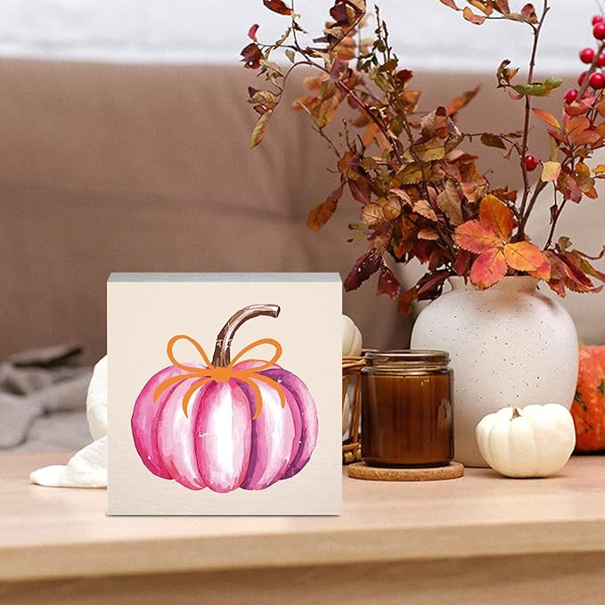 Cute Fall Decor Pink Pumpkin Fall Decorations for Home Office Preppy Pink Bow Autumn Decor Autumn Decorations for Desk Table 5 x 5 inches