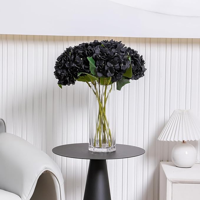 Kimura's Cabin 6Pcs Black Artificial Hydrangea Flowers Fake Hydrangeas Flowers Long Stems Faux silk Flower for Halloween table center decoration farmhouse wedding party dark bouquet arrangement(Black)