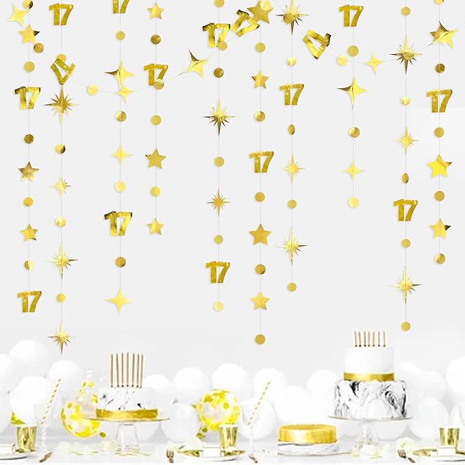 Gold 17th Birthday Decorations Number 17 Circle Dot Star Garland Streamer Bunting Banner Backdrop for Girls Boys Seventeen Years Old Bday Cheers to 17 Years Happy 17th Anniversary Party Supplies