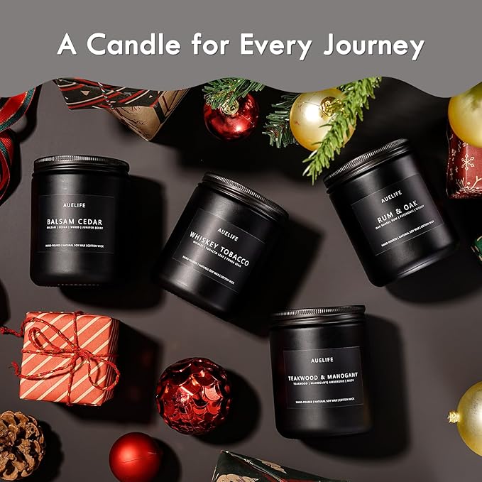 Winter Candle Gift Set for Men – 4 Pack Soy Candles with Balsam Cedar, Teak & Mahogany, Whiskey Tobacco, Rum & Oak – Masculine Scented Candles for Home, Christmas Gift Set for Dad Fathers Day