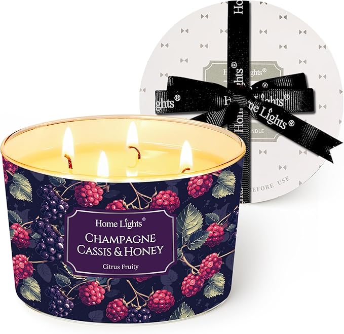 HomeLights Scented Candles for Women & Men, 18oz Candle Jars Aromatherapy 4-Wick Candle, Ideal for Eclectic Mixed Styles Home Decor and Gifts, Champagne Cassis & Honey