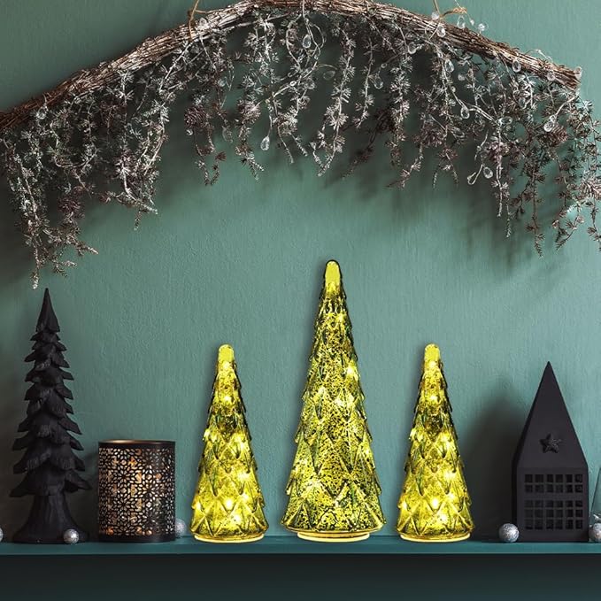 Christmas Decorations Indoor, YEAHOME Set of 3 Pre-lit Green Glass Christmas Tree for Home Decor, Christmas Table Decorations Lighted Xmas Tree with Timer for Living Room Mantel Tabletop Party