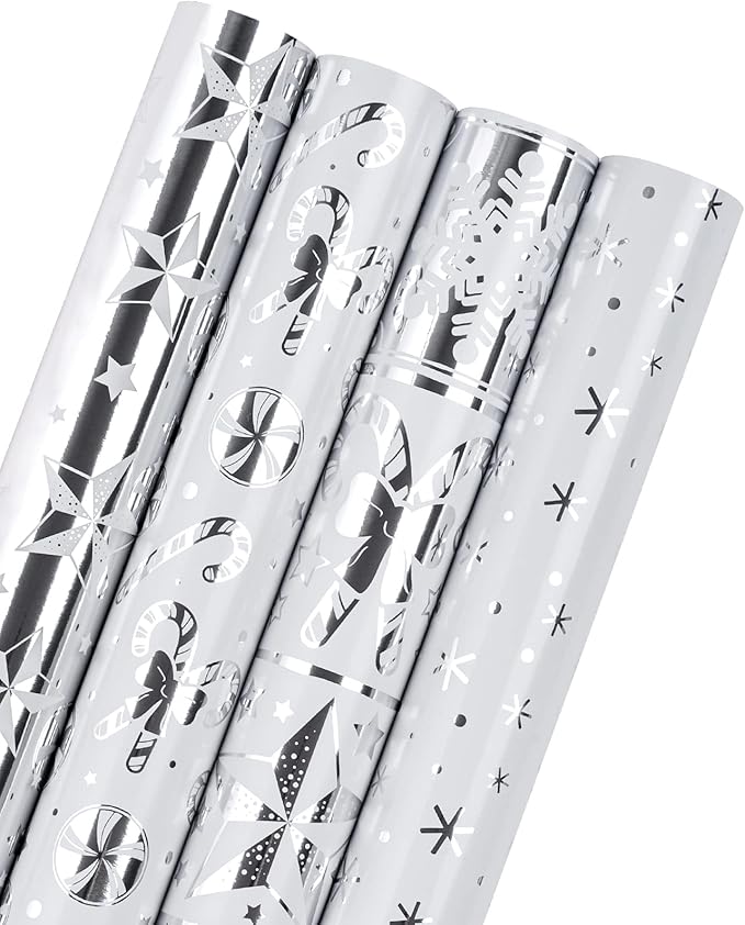 WRAPAHOLIC 30 Inch Silver Christmas Wrapping Paper Roll - Jumbo Roll Silver Snowflakes, Candy Cane Holiday Collection with Metallic Foil Shine - 4 Rolls - 30 Inch x 120 Inch Per Roll