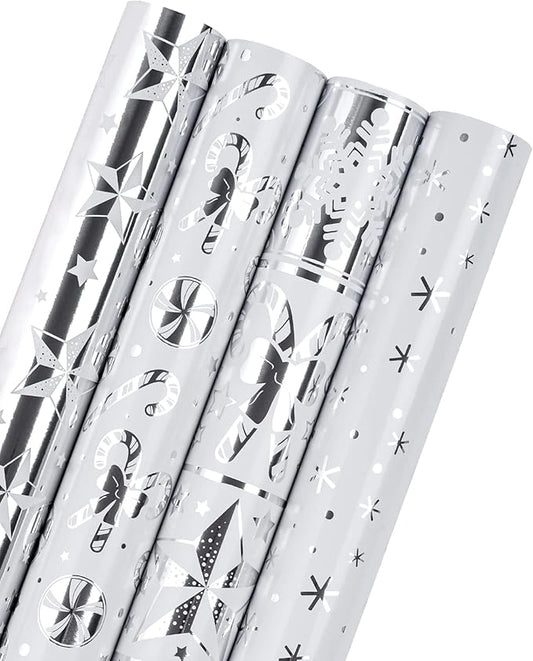 WRAPAHOLIC 30 Inch Silver Christmas Wrapping Paper Roll - Jumbo Roll Silver Snowflakes, Candy Cane Holiday Collection with Metallic Foil Shine - 4 Rolls - 30 Inch x 120 Inch Per Roll