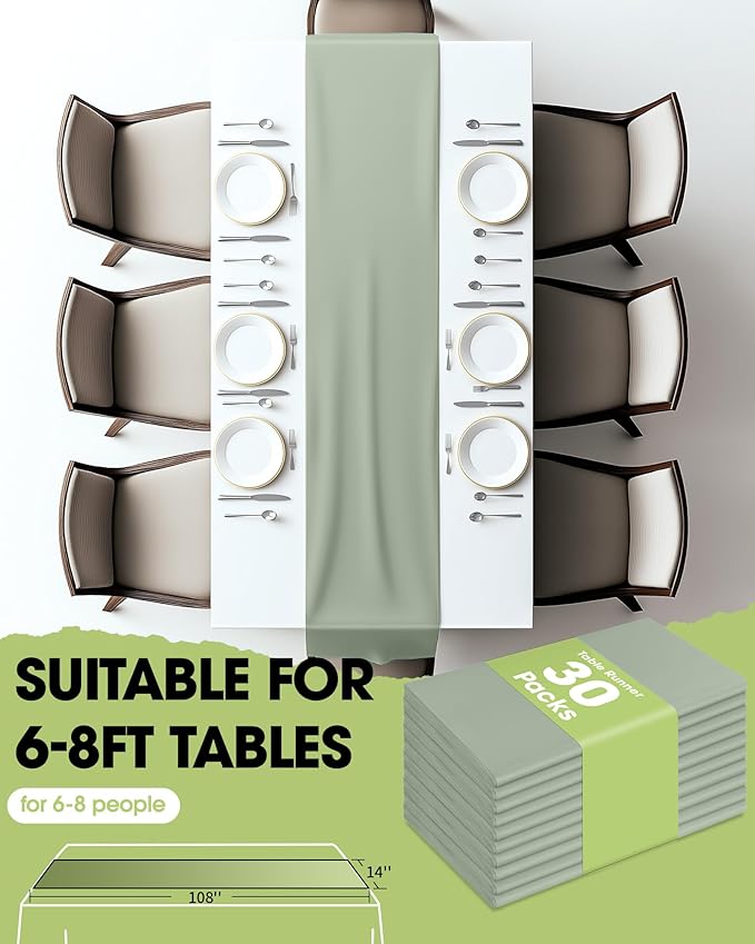 Pureegg Sage Green Plastic Table Runners - 30 Pack, 14'' x 108'', Water Resistant & Disposable Centerpiece Decorations for Table Cloth, Wedding, Birthday, Holiday, Baby Shower, Party, Home Decor