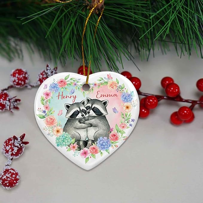 Custom Raccoon Couple Christmas Ornament 2025, Raccoon Floral and Butterfly Ceramic Ornament, Engagement Dating Keepsake Gifts for Men Women, Personalized Names Couple Raccoons Ornaments Xmas
