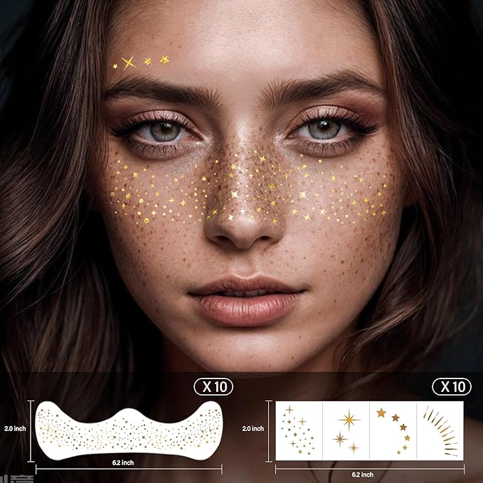 20 Pcs Gold Face Makeup Patches, Glitter Freckles Face Tattoo Gold Makeup, Glitter Freckles, Sparkle Makeup Patches, Waterproof Face Glitter Temporary Tattoos for Women