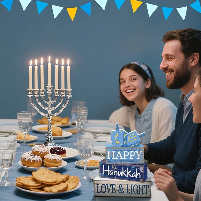 4 Pcs Hanukkah Table Decorations Chanukah Tiered Tray Decor Dreidel Star of David Wooden Block Signs Blue and White Jewish New Year Judaism Hanukkah Decor for Home Kitchen Mantel Party