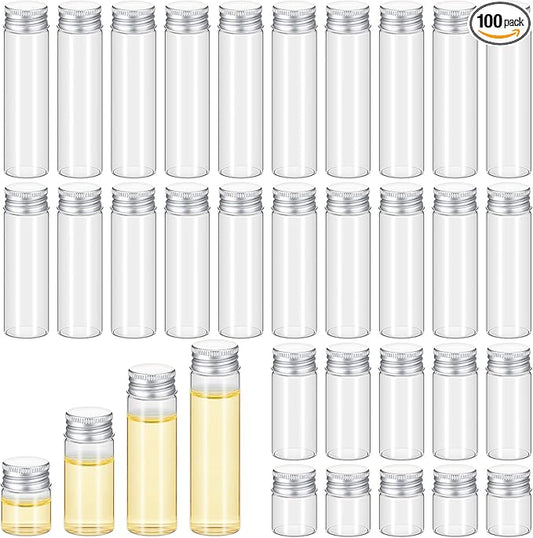 100 Pcs Small Clear Vials Spice Mini Jars with Lids Mini Glass Bottles with Screw Aluminum Metal Caps Tiny Jars Sample Containers for Powder Cream Cosmetic Jewelry Wedding (4 Size,Silver Caps)