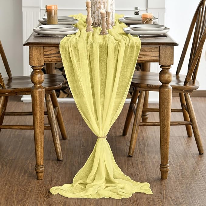 Artoid Mode Boho Light Yellow Gauze Wedding Table Runner, 160 Inch Seasonal Fabric Kitchen Dining Holiday Table Decor for Home Party Indoor