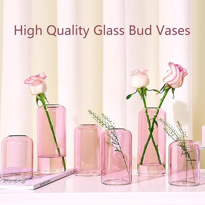 ZENS Bud Vases Set of 6, Pink Clear Small Glass Vase for Flowers. Modern Hand Blown Cylinder Glass Vase for Wedding Reception Centerpieces Living Room Decorative.