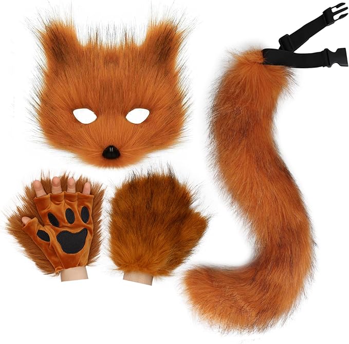 HAOAN Furry Fox Mask Wolf Fox Tail and Paw Gloves Set Adult Cat Halloween Mask Cosplay Animal Party Costume