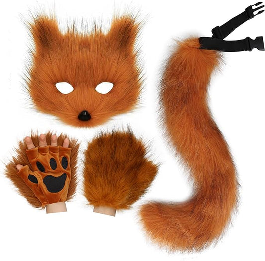 HAOAN Furry Fox Mask Wolf Fox Tail and Paw Gloves Set Adult Cat Halloween Mask Cosplay Animal Party Costume