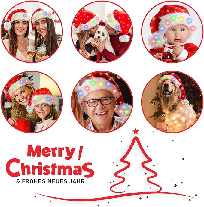 JUANANIUG Santa Hat Adult Led: Christmas Hat with lights for Women and Men - Extra Thicken Classic Fur for Christmas New Year Festive Holiday Party Supplies