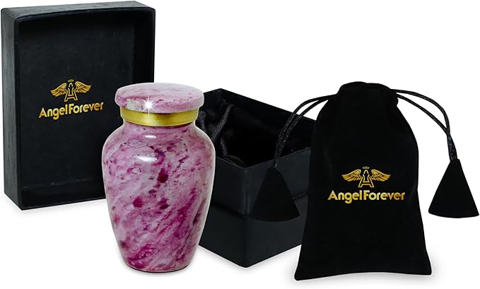 Small Keepsake Urn for Human or Pet Ashes – Handcrafted Light Pink Marble Mini Urn with Velvet Bag & Gift Box | Durable Metal Memorial Token Jar for Baby, Infant, Pet or Loved One – 3 Cu in