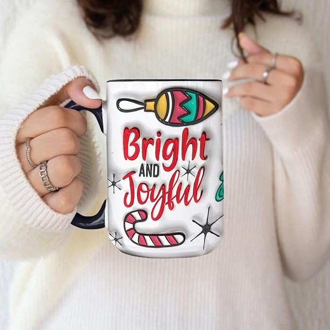 Bright And Joyful Christmas Inflated 3D Wrap Mugs, Two-Tone Accent Ceramic Coffee Drinking Cups, 11oz 15oz