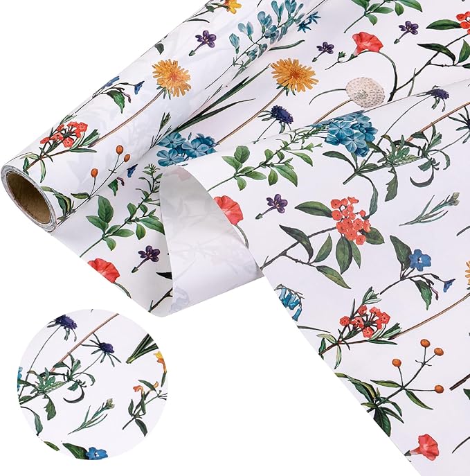 WRAPAHOLIC Kraft Wildflower Wrapping Paper - Mini Roll - 17 Inch x 16.5 Feet - Floral Wrapping Paper for for Wedding, Birthday, Bridal Shower, Tea Party