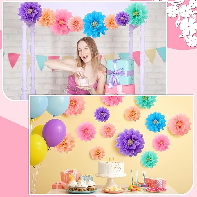 Geyee 18 Pcs Mexican Paper Flowers Colorful Fiesta Tissue Paper Flowers Pom Poms Mexican Carnival for Floral Party Backdrop Wedding Birthday Party Craft, 6" 8" 10"(Colorful)