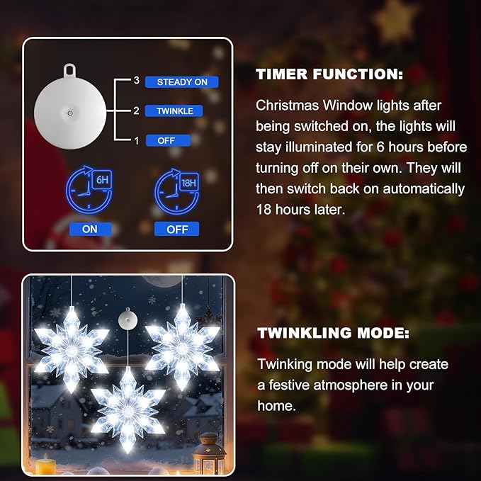 3Pack Christmas Window Lights Decorations with Timer,Battery Powered Christmas Hanging White Lighted Snowflake Shaped LED Sucker for 2026 Xmas Tree Fireplace Indoor Decor