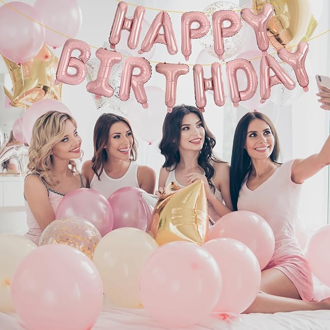 LIOZEOKUN Happy Birthday Balloon Letters 16 inch Mylar Foil Birthday Balloons Banner Sign for Birthday Party Decorations Supplies (Light pink)
