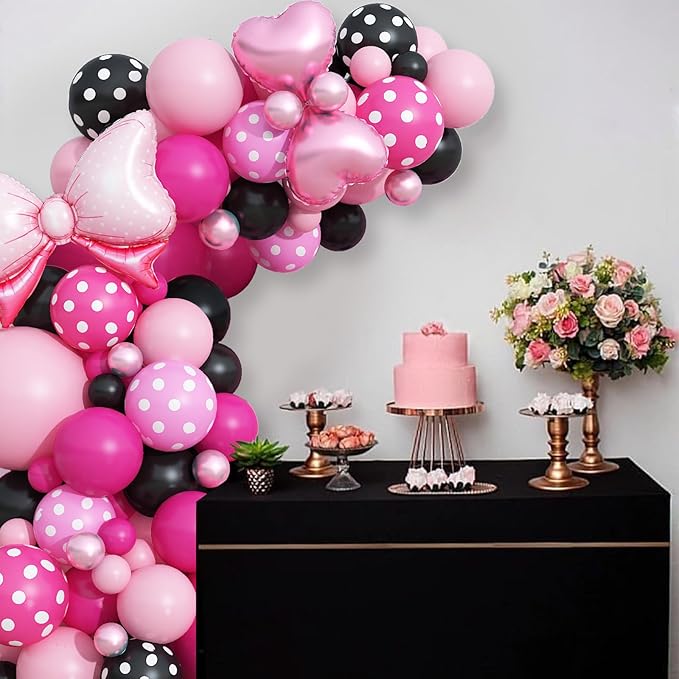 Pink and Black Balloons Arch Balloons Garland with Bow Heart Foil Balloon Cartoon Mouse Birthday Party Decorations Pastel Hot Pink White Dot Latex Balloon Baby Bridal Shower Supplies