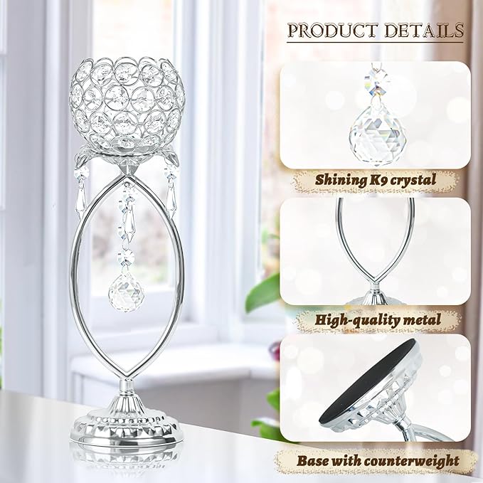 2 Pcs Silver Elegant Metal Crystal Tea Light Candle Holders with Crystal Pendants, Hollow Design - Wedding Table Centerpieces for Anniversary Birthday Party, Home Decor