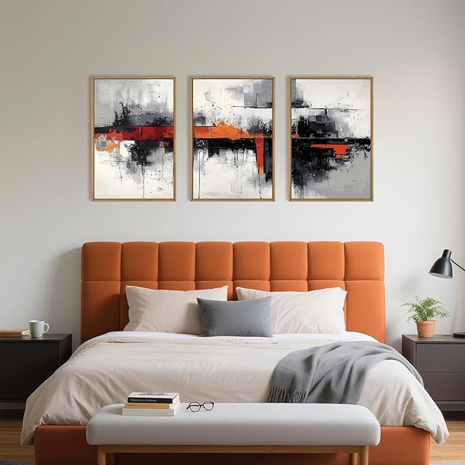 HOURIA Modern Abstract Framed Canvas Wall Art Set,Neutral Black and Orange Wall Decor,Textured Gray White Wall Painting,Pastel Strokes Art Prints for Living Room, Bedroom, Farmhouse-16 x24 x3