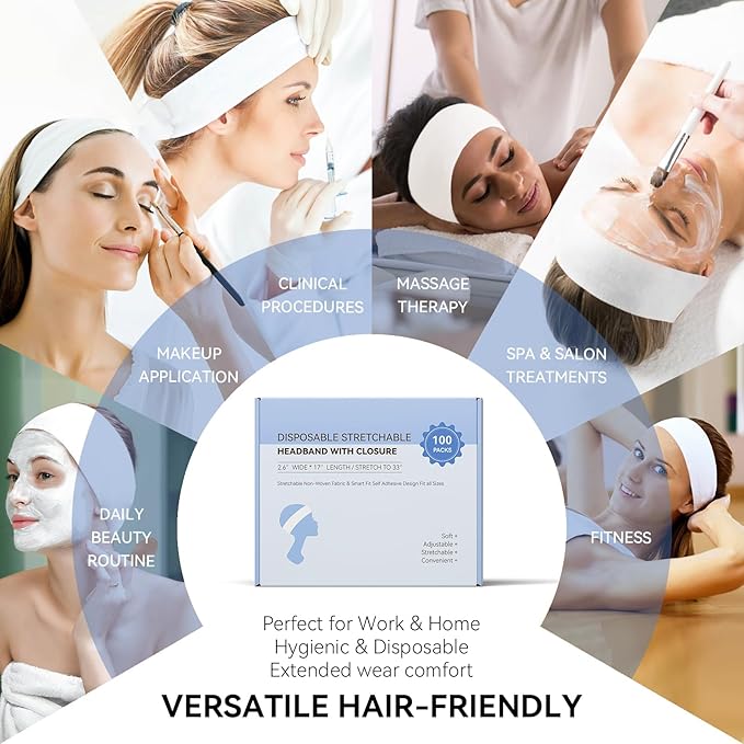 100 Count Disposable Headbands for Spa Headband for Washing Face Individually Wrapped Headbands for Women, Non-woven Fabric Facial Headband, Esthetician Supplies Makeup Artists & Salon Professionals
