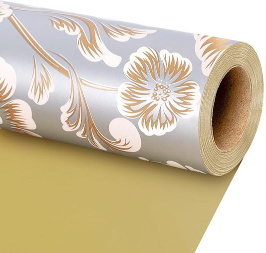 LaRibbons Reversible Floral Wrapping Paper Roll, 17Inch x 33 Feet (46.7 Sq. Ft) – Double-Sided Gold Peony Design for Wedding, Mother’s Day, Bridal Shower & Birthday