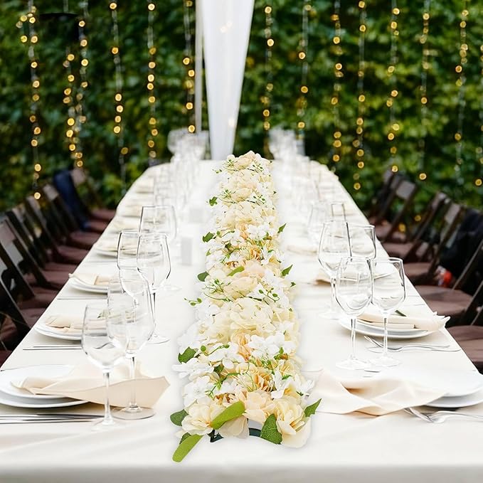 6 Pack Artificial Peony Garland,Wedding Arch Artificial Flower Panels,Flowers Wall Backdrop Panel for Wedding Dining Table Christmas Home Party Decor (White&Champagne)