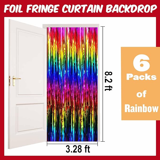 6 Pack Rainbow Foil Fringe Curtains Backdrop, 3.28 x 8.2 Ft Metallic Streamers Tinsel Curtains Background for Photo Booth, Birthday, Christmas, Halloween, Thanksgiving, New Year Party Decorations