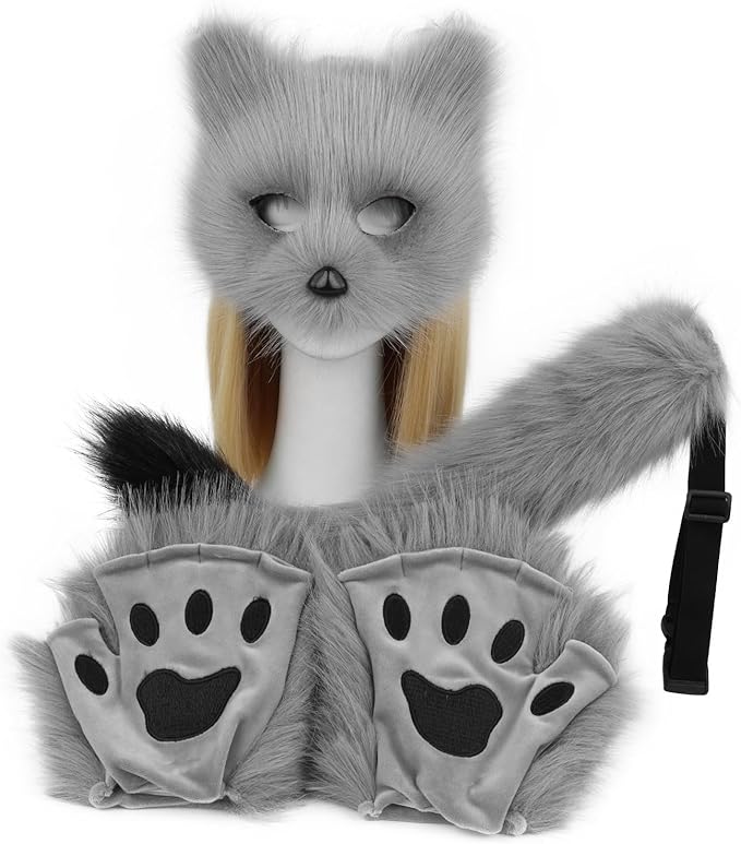 HAOAN Furry Fox Mask Wolf Fox Tail and Paw Gloves Set Adult Cat Halloween Mask Cosplay Animal Party Costume