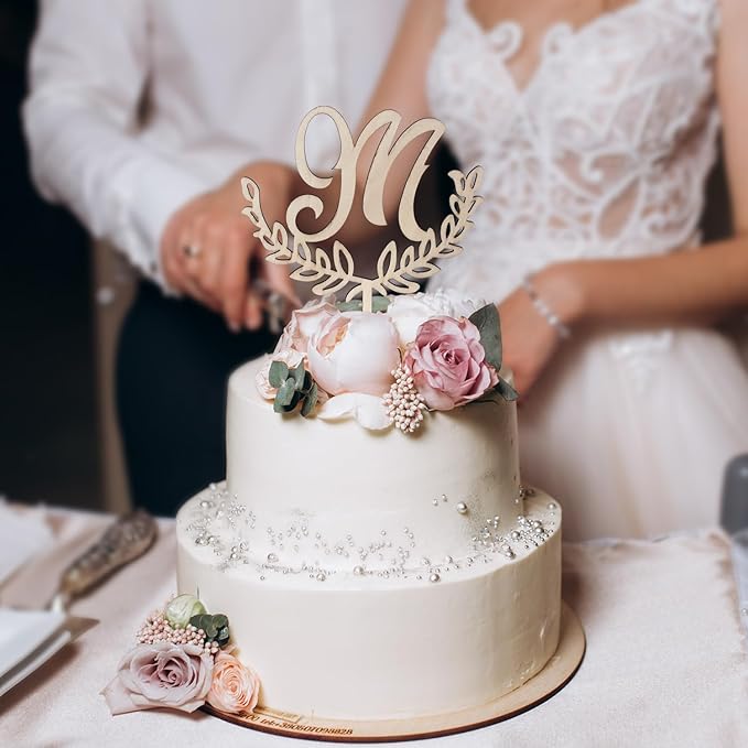 LINGTEER Personalized Inital Letter M Wooden Cake Topper Perfect for Birthday Rustic Wedding Anniversary Party Keepsake Decoration