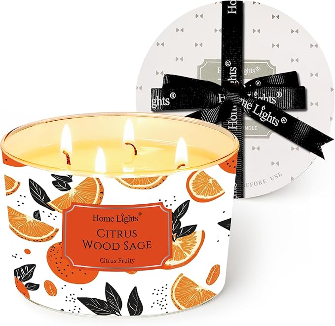 HomeLights Citrus Wood Sage Scented Candles | 18oz Soy Candles Eclectic Mixed Styles 4-Wick Large Candle Jars | Ideal Candle Gifts for Events, Home Decor Stress, Relief & Relaxation