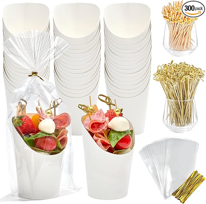 50 Sets 14 oz Charcuterie Cups with Sticks and Bags, Individual White Paper Charcuterie Boxes Disposable Individual Appetizer Serving Cups (50 Cups + 200 Cocktail Picks + 50 Bags + 50 Ties)