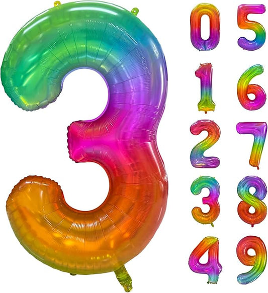 Rainbow Number 3 Balloon 40 Inch Rainbow 3 Balloon Giant Helium Foil Number 0 to 9 Balloons Birthday Wedding Party Digital Decorations Number 3