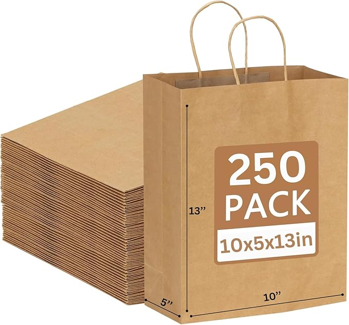 JET PAPER BAGS - 10”x5”x13” Inch [250 Pcs] Brown Paper Bags with Handles Prime for Takeout, Grocery, Goody, Retail, Party, Gifts, Weddings - Recyclable Kraft Paper Gift Bags with Handles