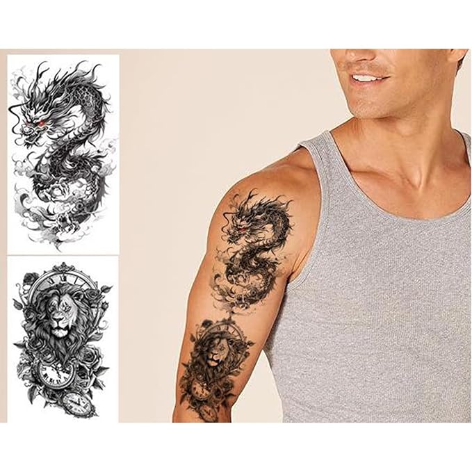 60 Sheets Temporary Tattoos Adult Black Fake Tattoos Oriental Lion Tiger Dragon Wolf unisex (60PCS ANIMAL PRINT)