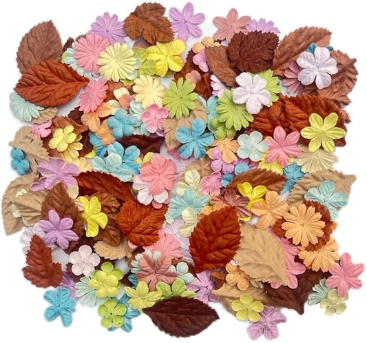 200 Pcs Handmade Mixed Mulberry Paper Flowers Petals and Leaves Scrapbooking Wedding DIY Craft Supplies Card (10 Colors Flowers/Brown Tone Leaves)